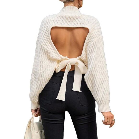 GORGLITTER Women's Open Tie Back Beige Top Mock Neck Backless Drop Sweaters - Picture 1 of 5